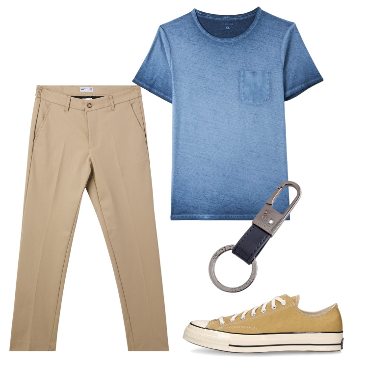 Outfit uomo - Total city. Stile Casual per Tutti i giorni. Abbinamento con t-shirt, pantaloni chino, sneakers, portachiavi.