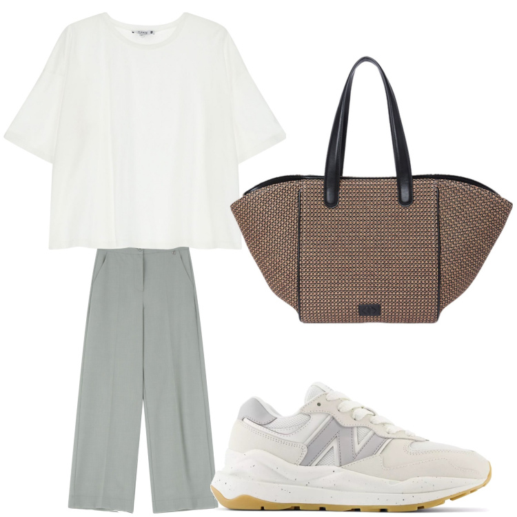 Outfit donna - Aperitivo. Stile Trendy per Tutti i giorni. Abbinamento con sneakers, t-shirt, pantaloni a palazzo, shopping bag.