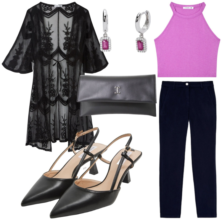 Outfit donna - Eventi serali. Stile Casual chic per Serata fuori. Abbinamento con canottiere, sabot, caftani, orecchini, pochette, pantaloni chino.