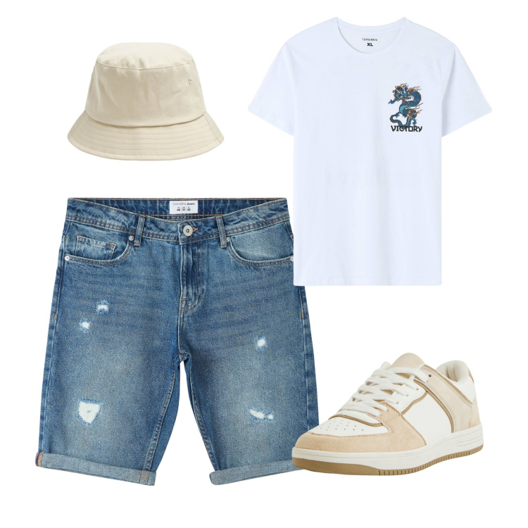 Outfit uomo - Total city. Stile Casual per Tutti i giorni. Abbinamento con cappelli, t-shirt, bermuda, sneakers.