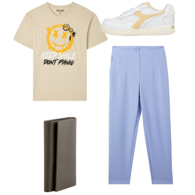 Outfit uomo - Total look. Stile Casual per Tutti i giorni. Abbinamento con sneakers, t-shirt, pantaloni chino, portachiavi.
