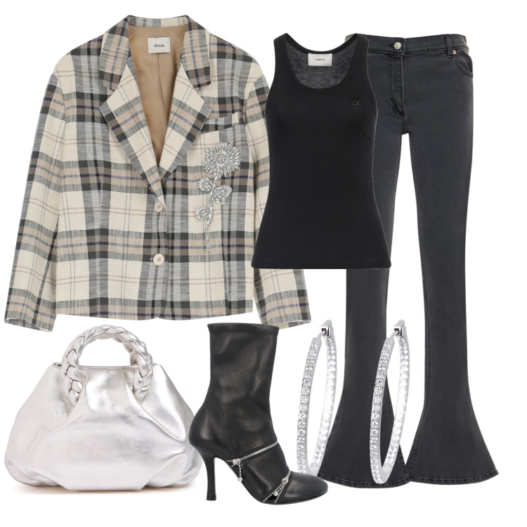 Outfit donna - A lavoro. Abbinamento con stivaletti, canottiere, orecchini, blazer, borse a mano, jeans.