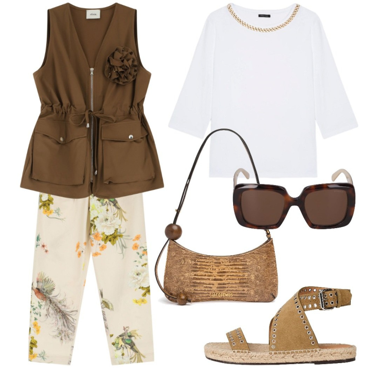Outfit donna - Giornata libera. Stile Casual chic per Tutti i giorni. Abbinamento con espadrillas, gilet, pantaloni chino, t-shirt, occhiali da sole, borse a spalla.