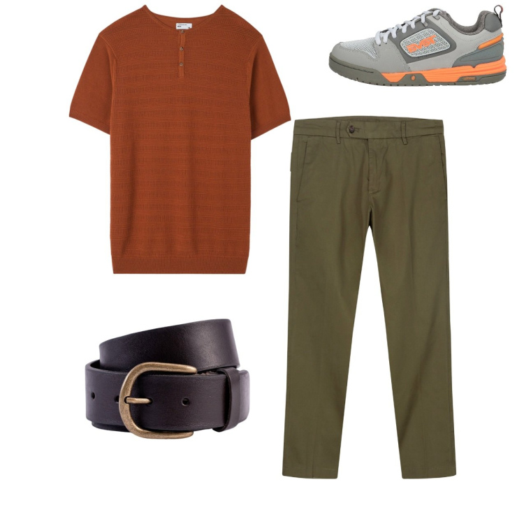Outfit uomo - Total look. Stile Casual per Tutti i giorni. Abbinamento con sneakers, t-shirt, pantaloni chino, cinture.