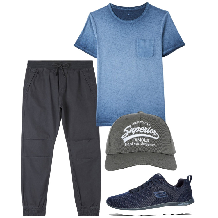 Outfit uomo - Total city. Stile Casual per Tutti i giorni. Abbinamento con sneakers, t-shirt, pantaloni, cappelli con visiera.