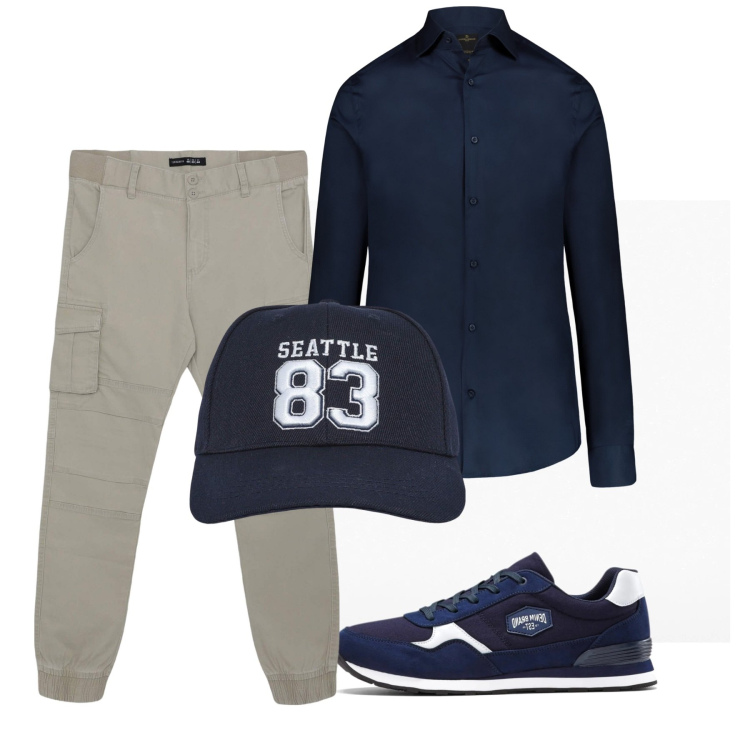 Outfit uomo - Total city. Stile Casual per Tutti i giorni. Abbinamento con sneakers, cappelli, pantaloni cargo, camicie.