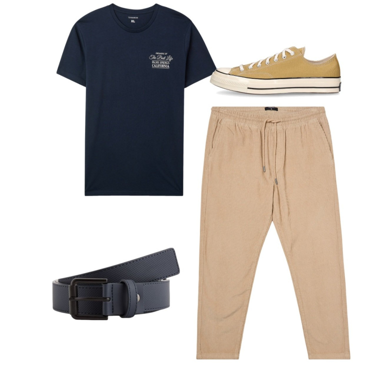 Outfit uomo - Total look. Stile Casual per Tutti i giorni. Abbinamento con t-shirt, pantaloni, sneakers, cinture.