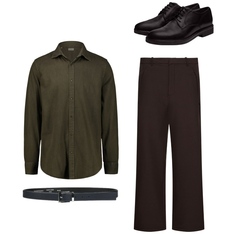 Outfit uomo - Total look. Stile Casual per Tutti i giorni. Abbinamento con cinture, scarpe stringate, pantaloni, camicie.
