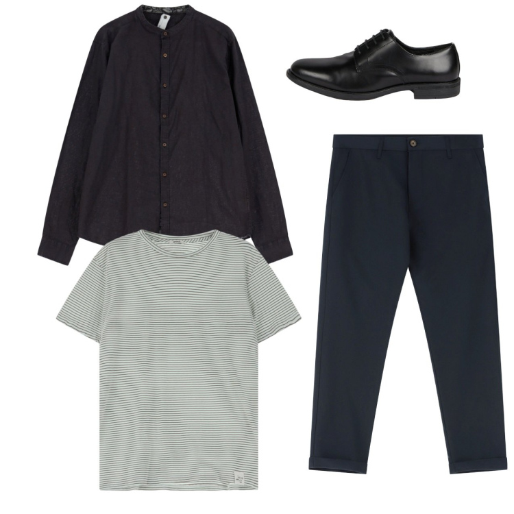 Outfit uomo - Total look. Stile Casual per Tutti i giorni. Abbinamento con pantaloni chino, t-shirt, camicie, scarpe stringate.