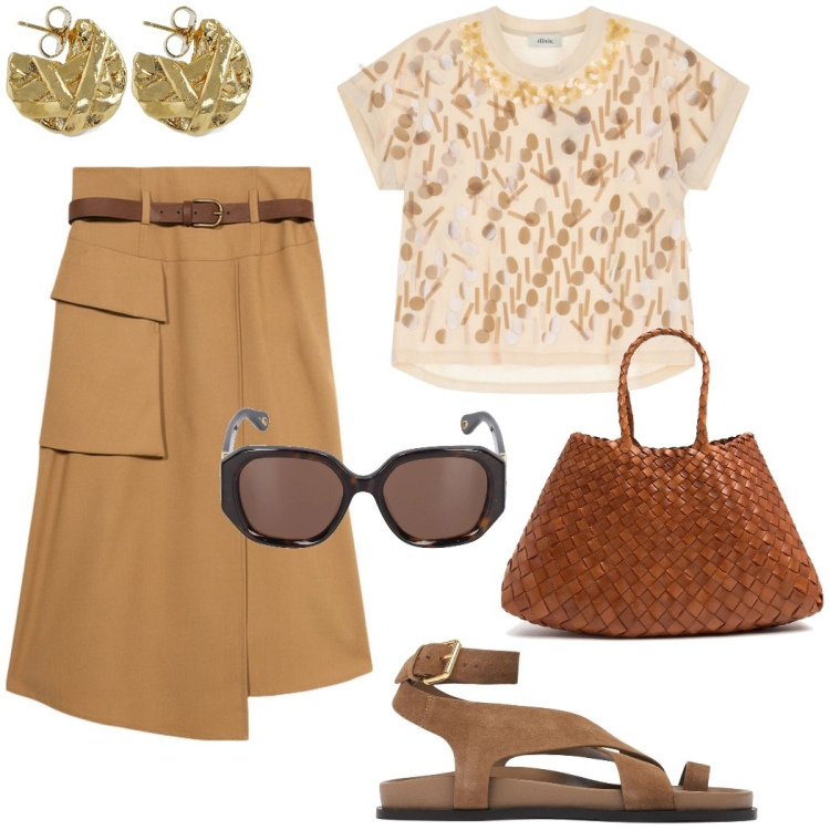 Outfit donna - Outfit giorno. Stile Casual chic per Tutti i giorni. Abbinamento con t-shirt, borse a spalla, orecchini, occhiali da sole, gonne longuette, sandali in pelle.