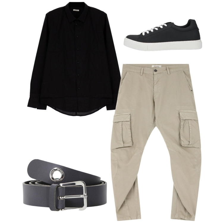Outfit uomo - Total look. Stile Casual per Tutti i giorni. Abbinamento con sneakers, camicie, pantaloni cargo, cinture.