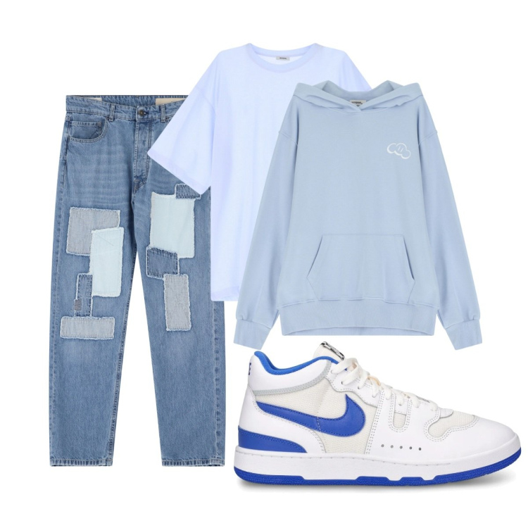 Outfit uomo - Total look #2117445. Stile Casual per Tutti i giorni. Abbinamento con t-shirt, jeans dritti, felpe con cappuccio, sneakers.