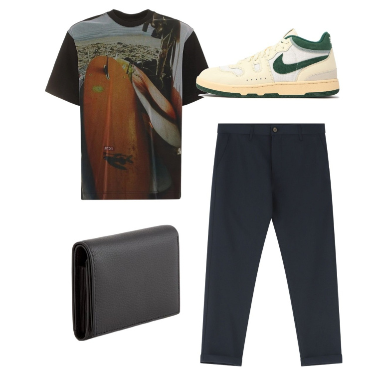 Outfit uomo - Total look. Stile Urban per Tutti i giorni. Abbinamento con pantaloni chino, t-shirt, sneakers, portafogli.