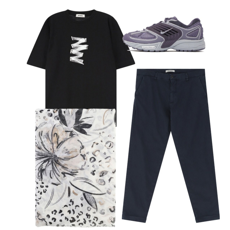 Outfit uomo - Total look. Stile Casual per Tutti i giorni. Abbinamento con t-shirt, pantaloni chino, sciarpe e foulard, sneakers.