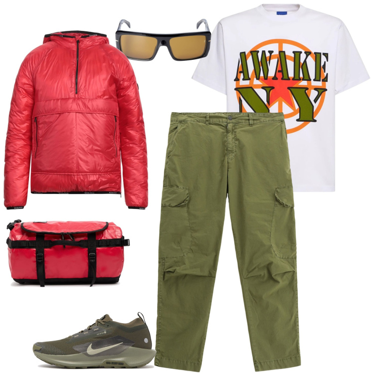 Outfit uomo - In pronto!!. Stile Casual per Tutti i giorni. Abbinamento con piumini, pantaloni cargo, occhiali da sole, borse sportive, sneakers, t-shirt.