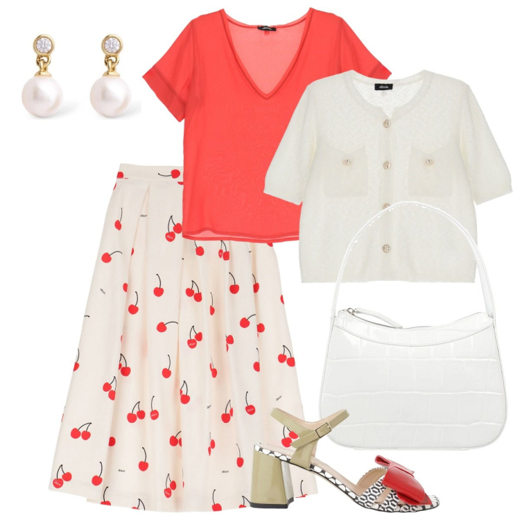 Outfit donna - Total look #2117465. Stile Vintage retrò per Cerimonia. Abbinamento con borse a mano, t-shirt, cardigans, gonne, sandali col tacco, orecchini.