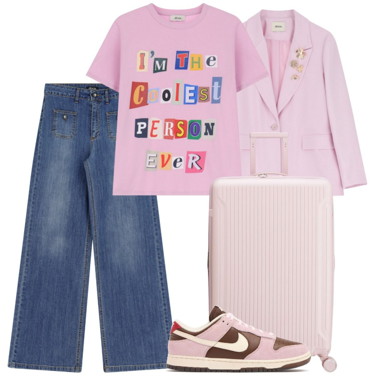 Outfit donna - Total look #2117473. Stile Casual chic per Tutti i giorni. Abbinamento con t-shirt, jeans, blazer, sneakers, valigie.