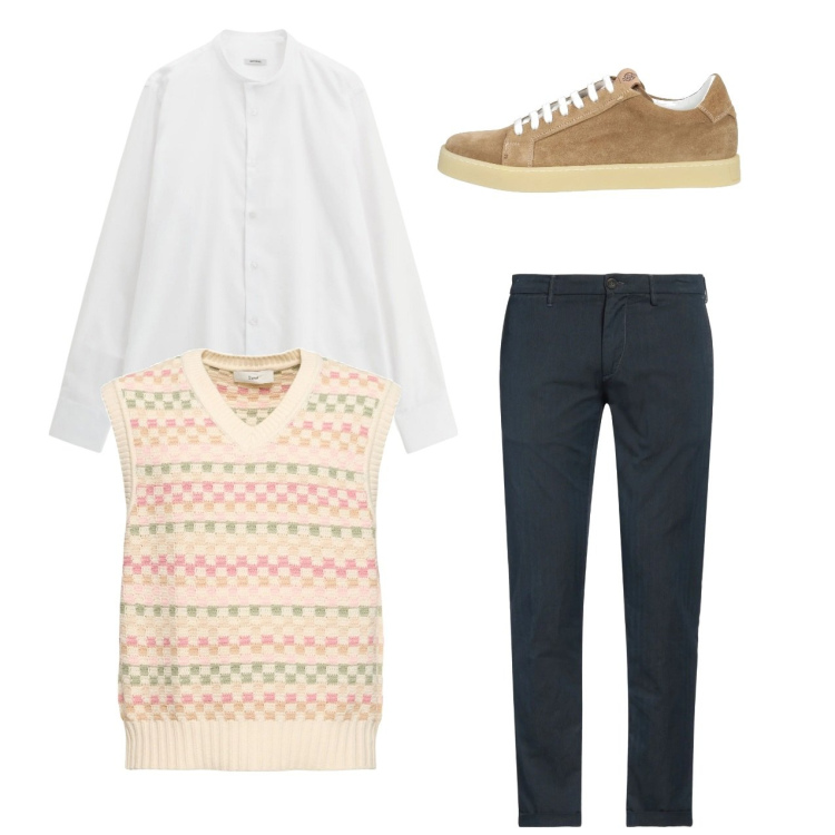 Outfit uomo - Total look. Stile Casual per Tutti i giorni. Abbinamento con pantaloni chino, sneakers, camicie, gilet.