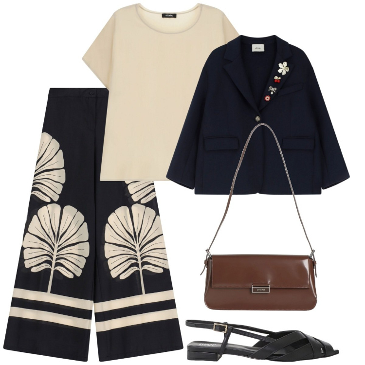 Outfit donna - Total look #2117481. Stile Casual chic per Tutti i giorni. Abbinamento con borse a spalla, sandali, blazer, pantaloni a palazzo, t-shirt.