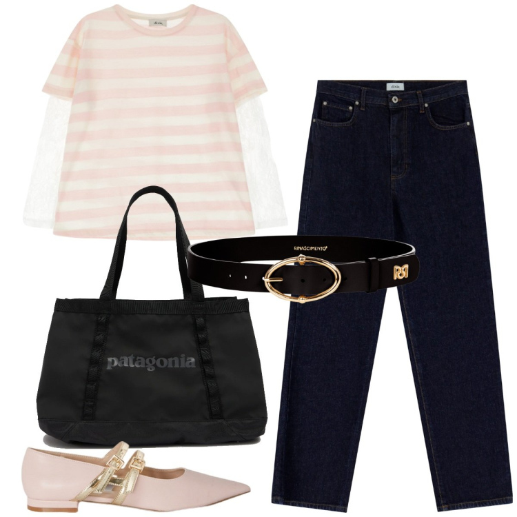 Outfit donna - Total look #2117488. Stile Casual chic per Tutti i giorni. Abbinamento con cinture, jeans dritti, t-shirt, ballerine, shopping bag.