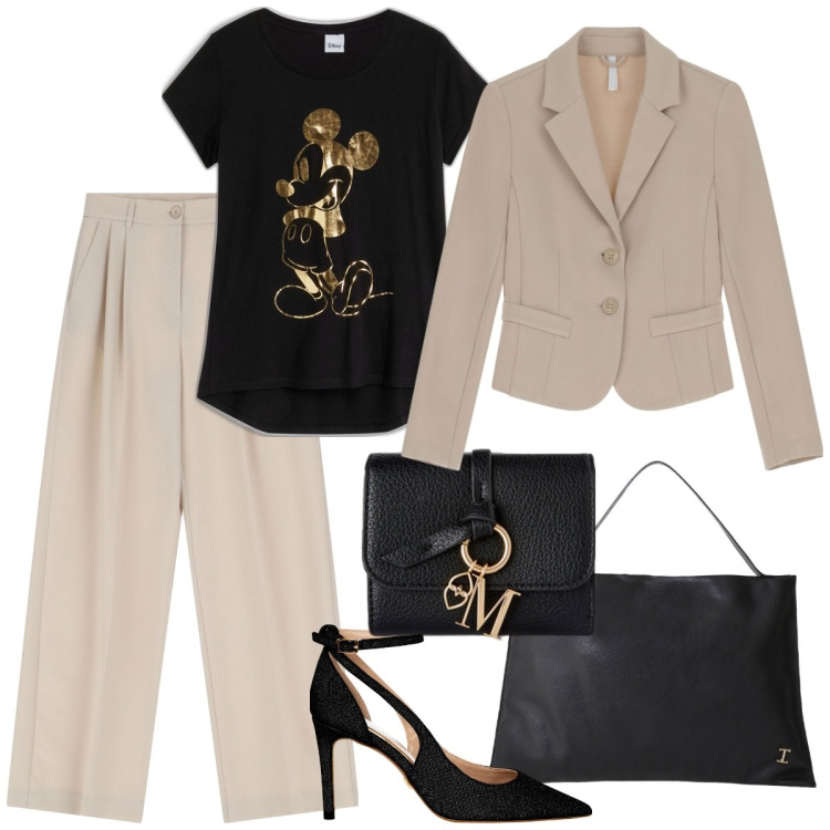 Outfit donna - Ufficio - serata. Stile Mannish per Serata fuori. Abbinamento con t-shirt, décolleté, borse a spalla, pantaloni, blazer, portafogli.