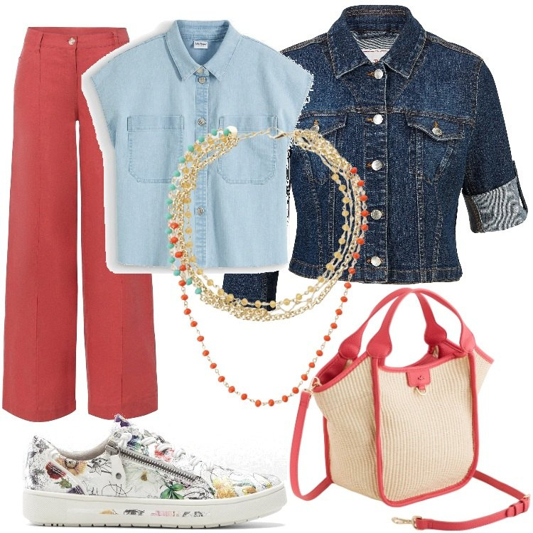 Outfit donna - Comodità con stile. Stile Casual per Tutti i giorni. Abbinamento con pantaloni a palazzo, camicie, blazer, sneakers, collane, borse a mano.