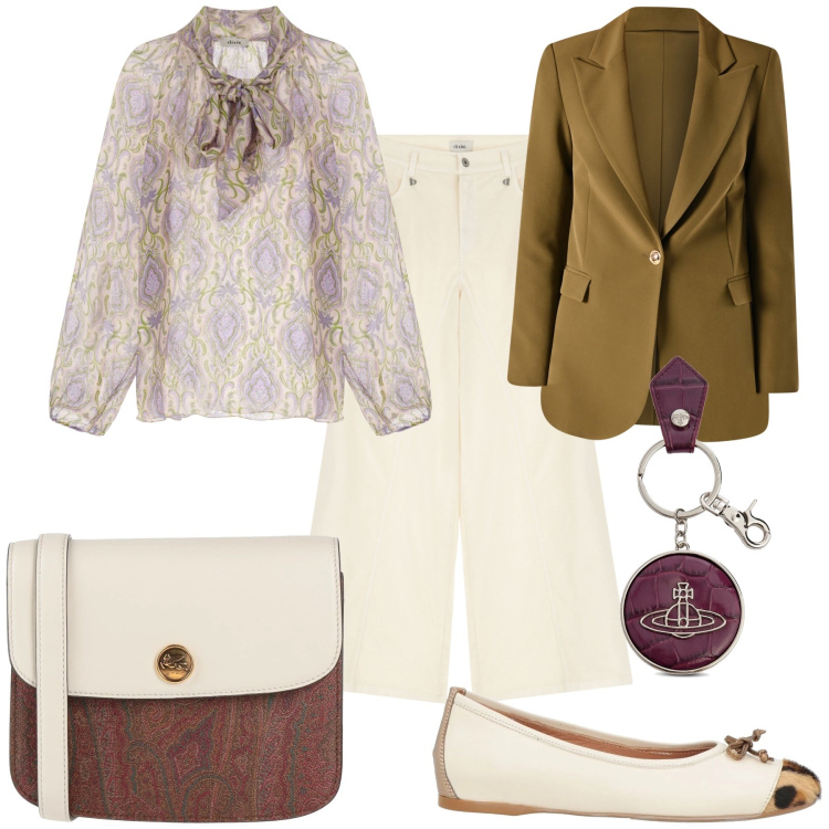 Outfit donna - Riunioni di ufficio. Stile Urban per Ufficio. Abbinamento con ballerine, borse a tracolla, bluse, pantaloni, blazer, portachiavi.