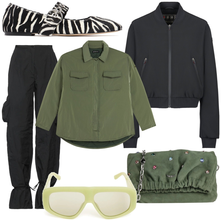 Outfit donna - This morning. Stile Casual chic per Tutti i giorni. Abbinamento con borse a tracolla, pantaloni cargo, camicie, bomber, ballerine, occhiali da sole.