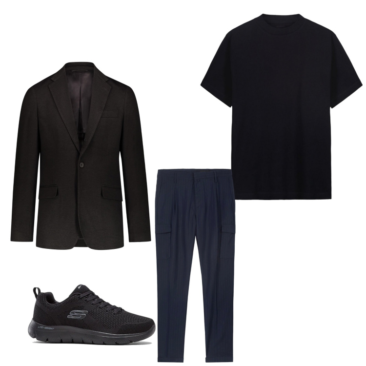 Outfit uomo - Total black. Stile Business/Elegante per Cerimonia. Abbinamento con sneakers, giacche, pantaloni cargo, t-shirt.