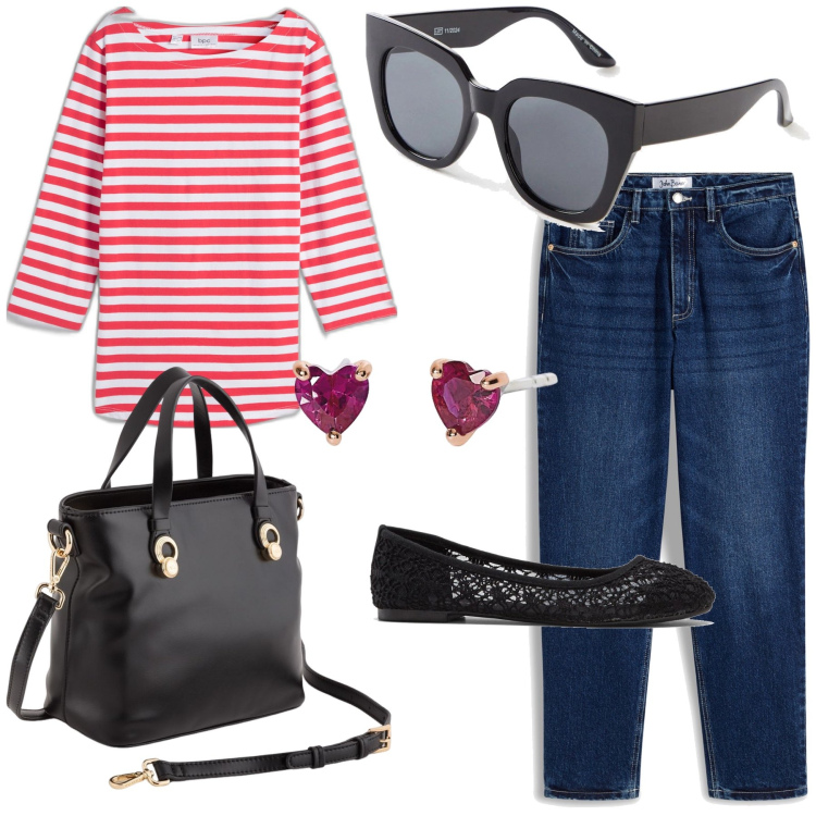 Outfit donna - L amour a Paris. Stile Sporty chic per Tutti i giorni. Abbinamento con ballerine, jeans mom, maglieria, occhiali da sole, orecchini, borse a mano.
