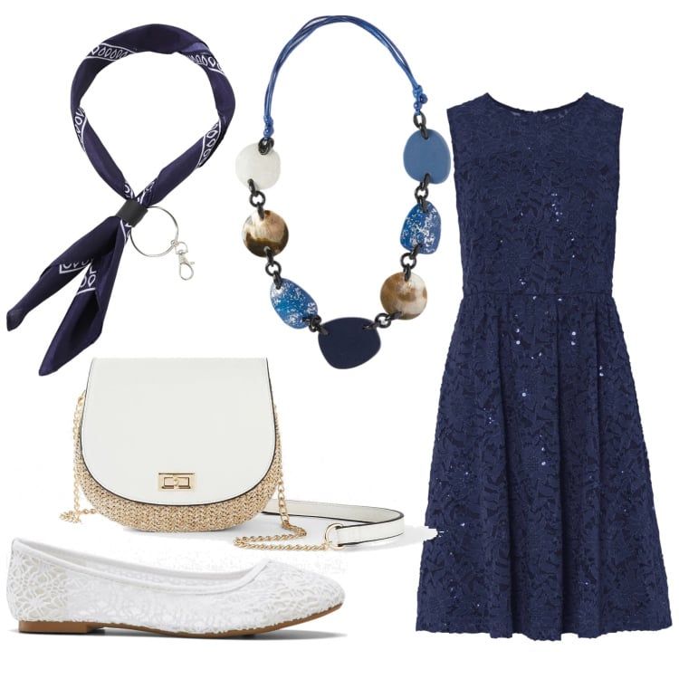 Outfit donna - Blu bon ton. Stile Bon Ton per Serata fuori. Abbinamento con vestiti, borse a tracolla, ballerine, foulard, collane.