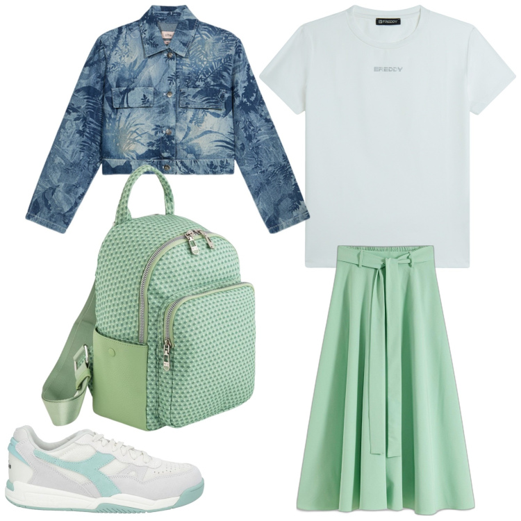Outfit donna - Verde a scuola. Stile Sporty chic per Scuola/Università. Abbinamento con gonne lunghe, sneakers, t-shirt, zaini, blazer.