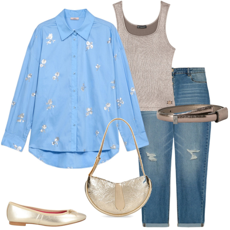 Outfit donna - In ufficio. Stile Casual per Ufficio. Abbinamento con ballerine, canottiere, jeans strappati, borse a spalla, camicie, cinture.