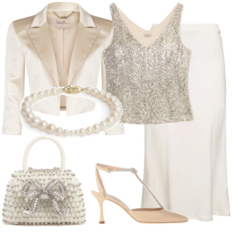 Outfit donna - Sul lago. Stile Chic per Cerimonia. Abbinamento con décolleté, bolero, borse a mano, braccialetti, top, gonne longuette.