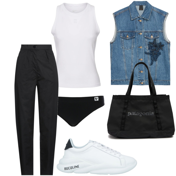 Outfit donna - Total look #2117558. Stile Casual per Tutti i giorni. Abbinamento con pantaloni, sneakers, slip, shopping bag, gilet, canottiere.