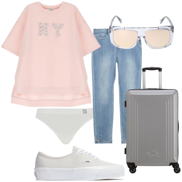 Outfit donna - Welcome. Stile Urban per Tutti i giorni. Abbinamento con perizomi, felpe, sneakers, occhiali da sole, valigie, jeans.