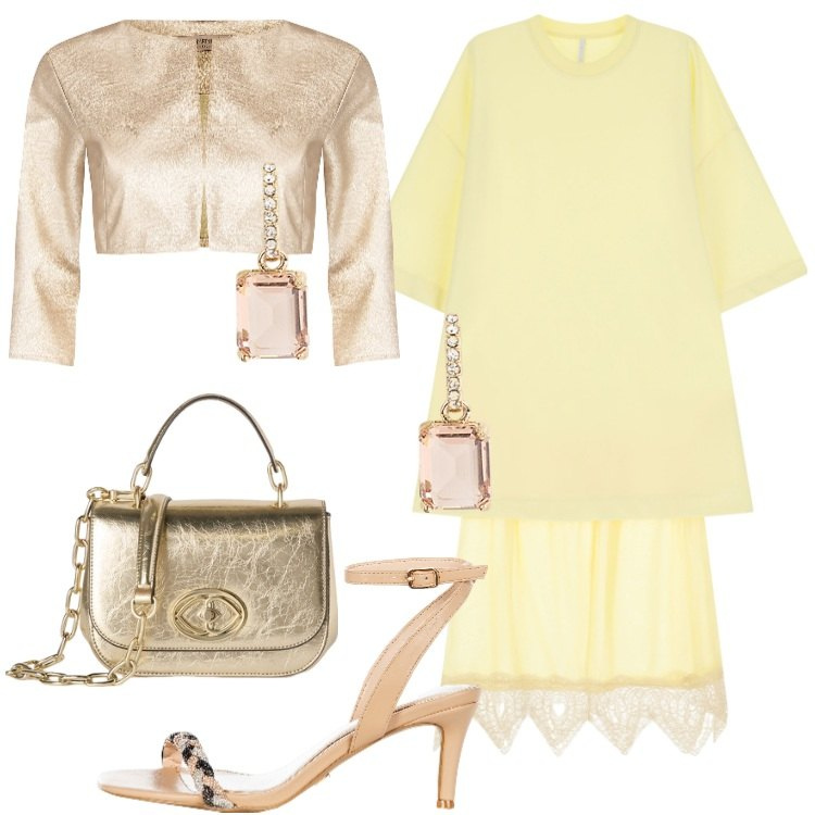 Outfit donna - Giallo Burro a primavera. Stile Chic per Cerimonia. Abbinamento con bolero, sandali in pelle, vestiti midi/longuette, orecchini, borse a tracolla.