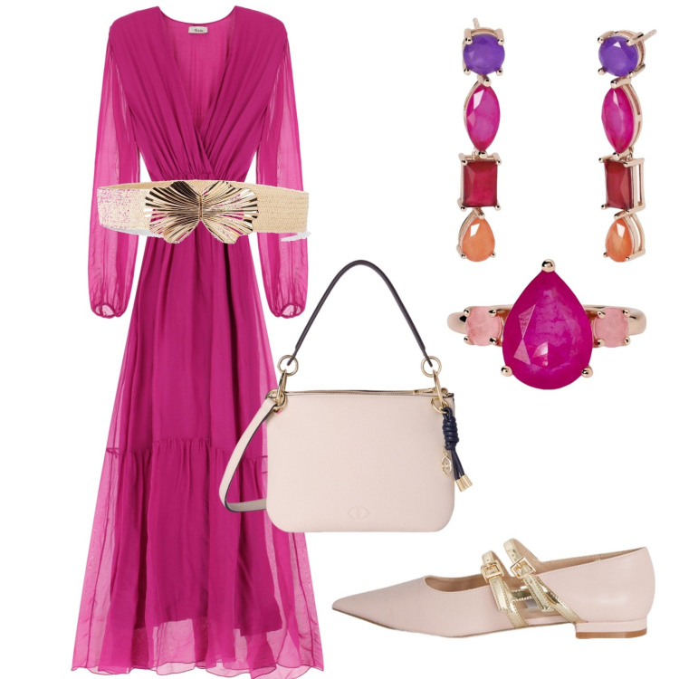 Outfit donna - Cerimonia a maggio. Stile Glamour per Cerimonia. Abbinamento con cinture, anelli, orecchini, vestiti lunghi, ballerine, borse a tracolla.