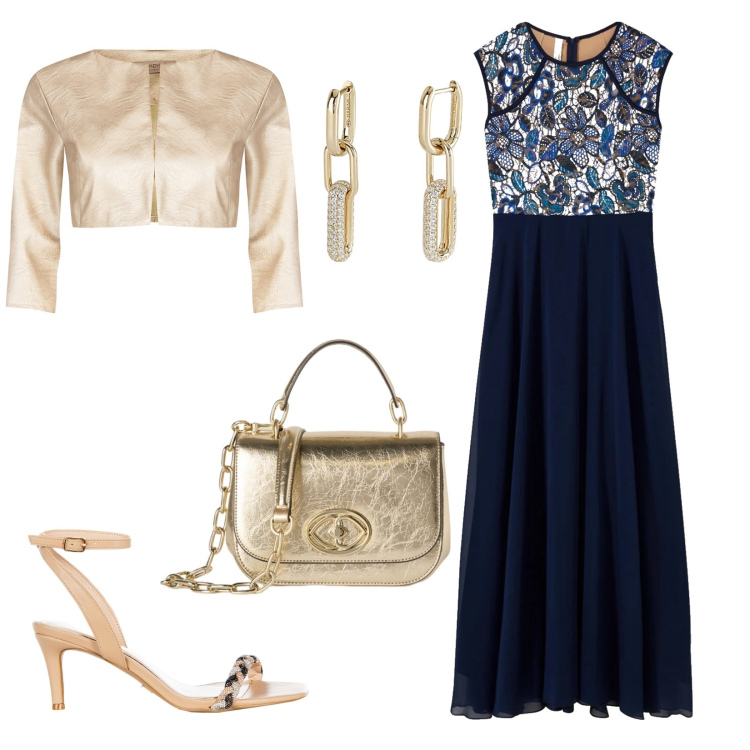 Outfit donna - Feste di primavera. Stile Bon Ton per Cerimonia. Abbinamento con vestiti lunghi, orecchini, bolero, sandali in pelle, borse a tracolla.
