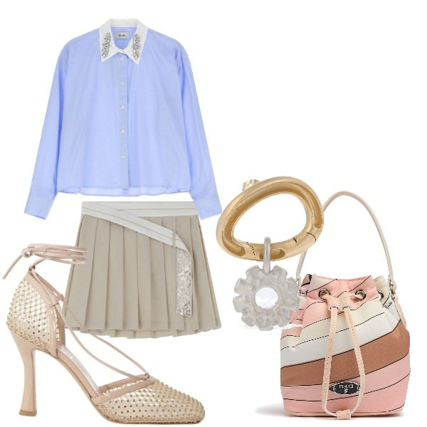 Outfit donna - stile coloniale. Stile Glamour per Tutti i giorni. Abbinamento con minigonne, décolleté, camicie, orecchini, borse a mano.
