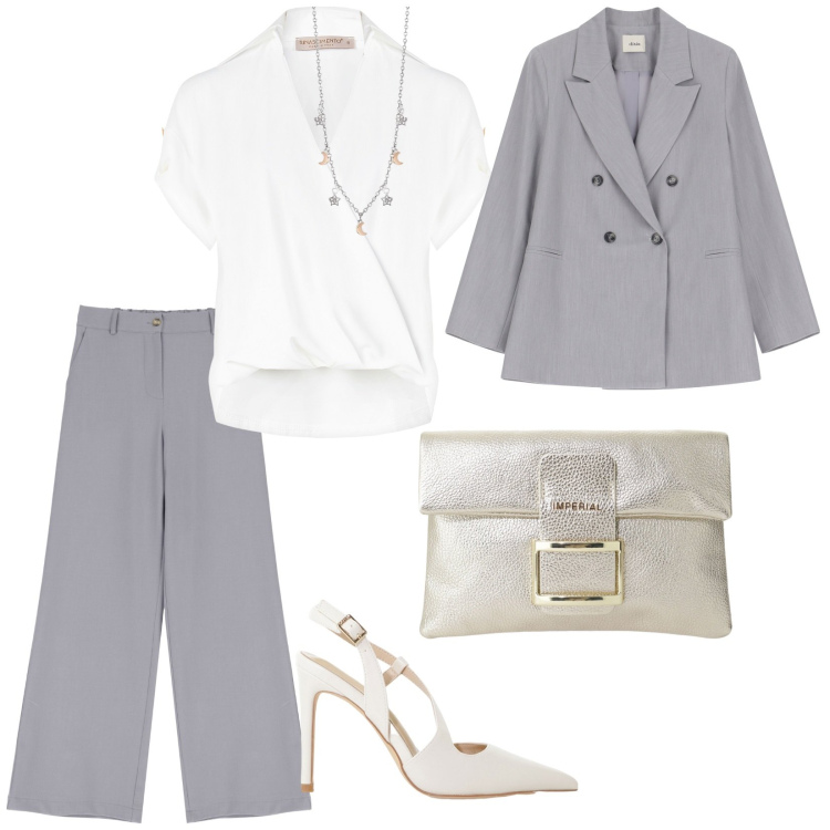 Outfit donna - Cerimonia. per Cerimonia. Abbinamento con collane, bluse, décolleté, pochette, pantaloni a palazzo, blazer.