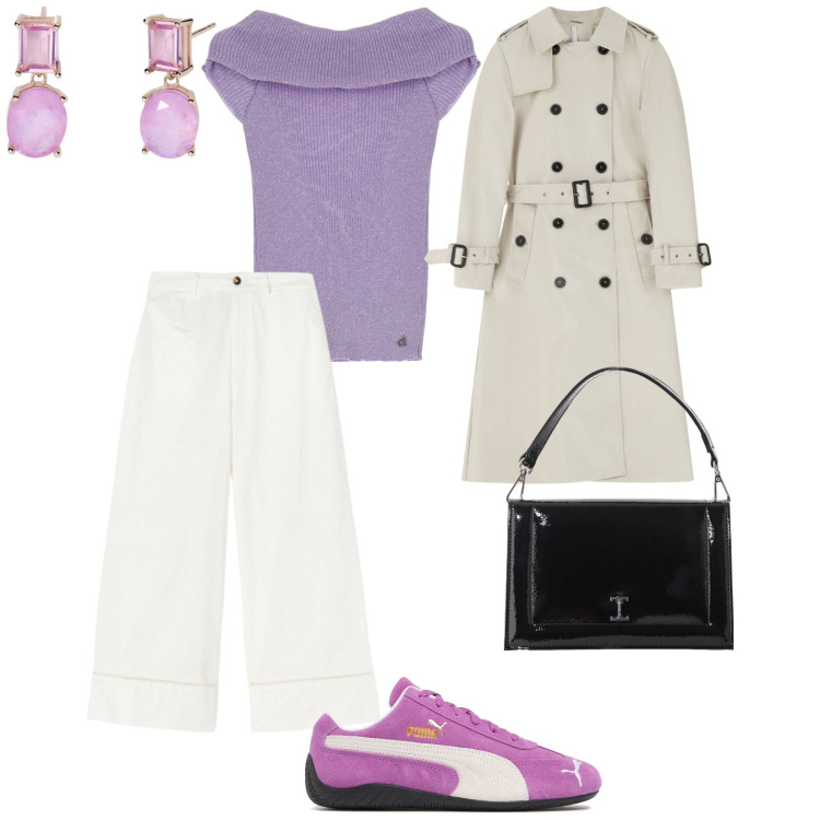 Outfit donna - Spettegolando tra amiche. per Tutti i giorni. Abbinamento con orecchini, borse a tracolla, trench, pullovers, pantaloni, sneakers.
