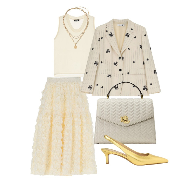 Outfit donna - Sfumature. Stile Trendy per Ufficio. Abbinamento con blazer, top, gonne, ciondoli, décolleté, borse a mano.