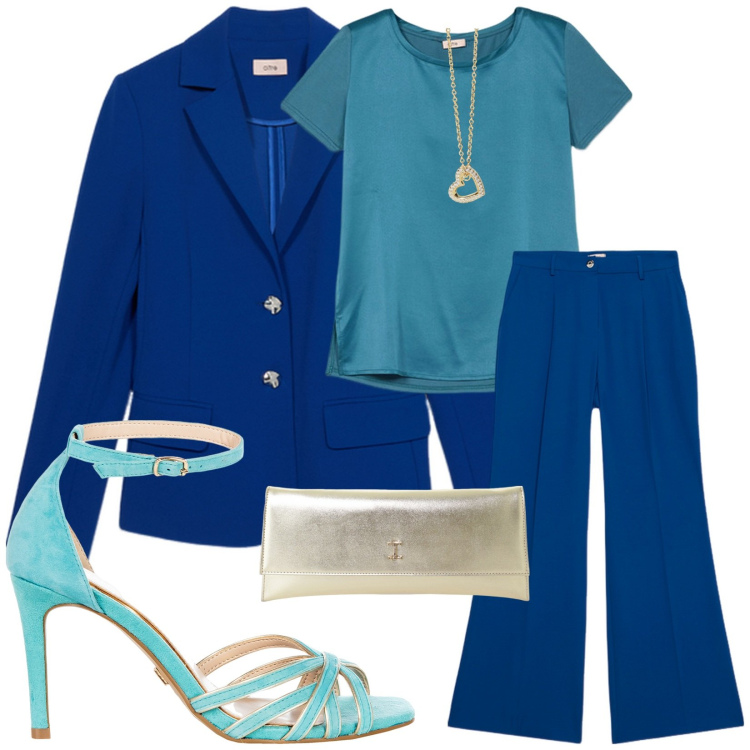 Outfit donna - Total look cerimonia. Stile Glamour per Cerimonia. Abbinamento con pochette, collane, sandali col tacco, pantaloni a palazzo, blazer, t-shirt.