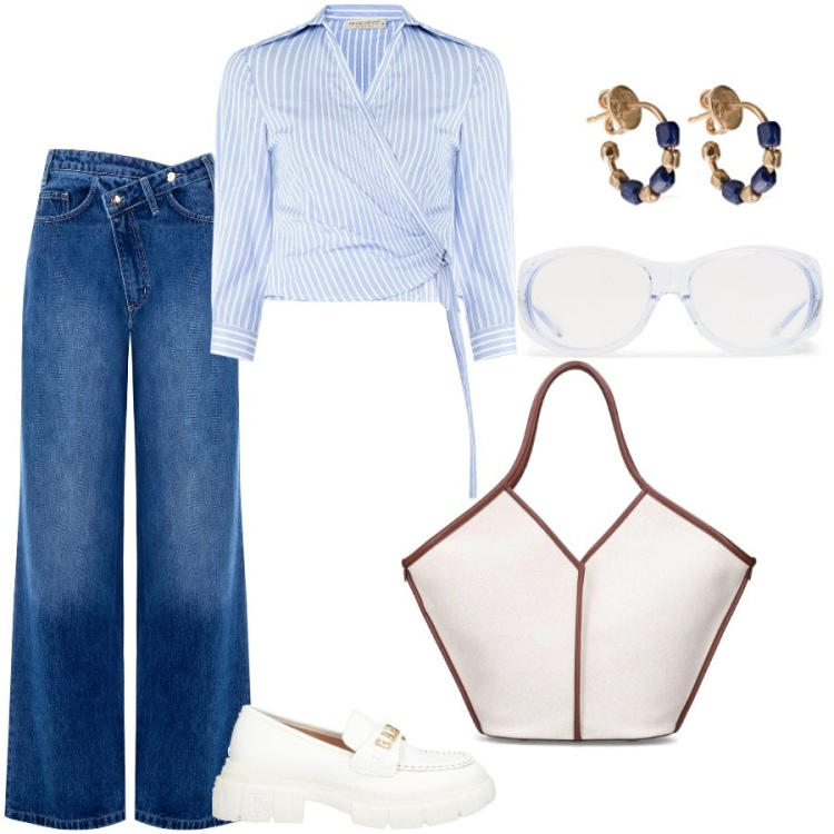 Outfit donna - Job. Stile Casual chic per Ufficio. Abbinamento con mocassini, camicie, jeans, shopping bag, orecchini, occhiali da sole.