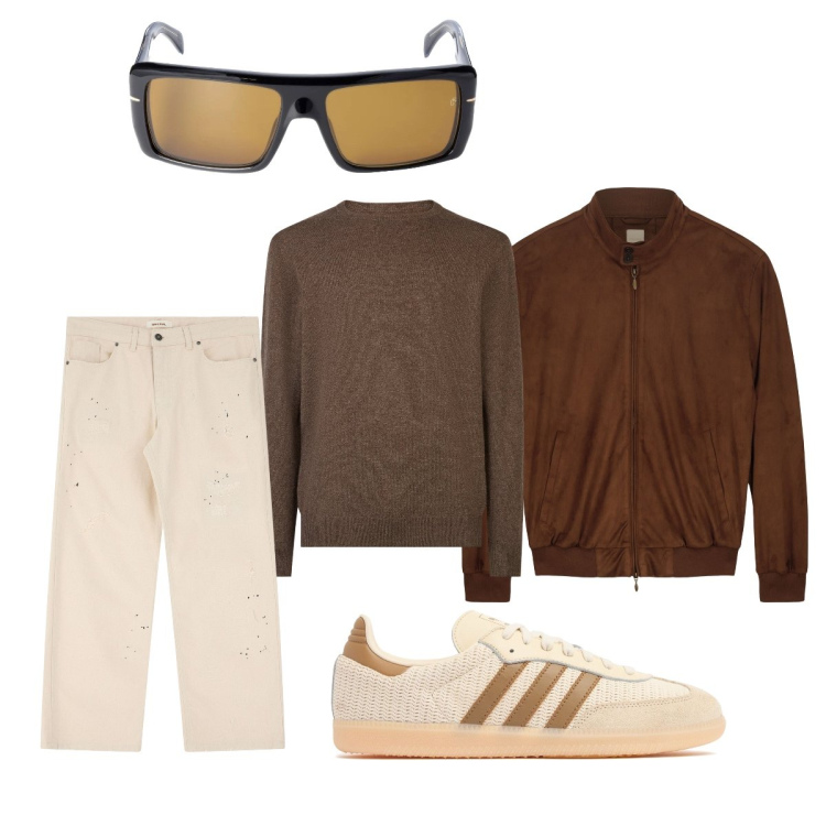 Outfit uomo - Cioccolato e panna. Stile Trendy per Ufficio. Abbinamento con pantaloni, giacche, maglieria, occhiali da sole, sneakers.