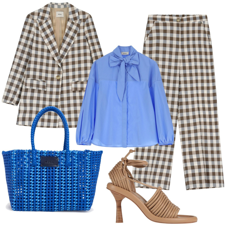 Outfit donna - Dixie completo a quadri. Stile Casual chic per Ufficio. Abbinamento con sandali in pelle, pantaloni, blazer, camicie, shopping bag.