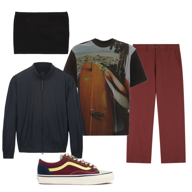 Outfit uomo - Total look #2117688. Stile Urban per Tutti i giorni. Abbinamento con pantaloni, t-shirt, bomber, sneakers, sciarpe.