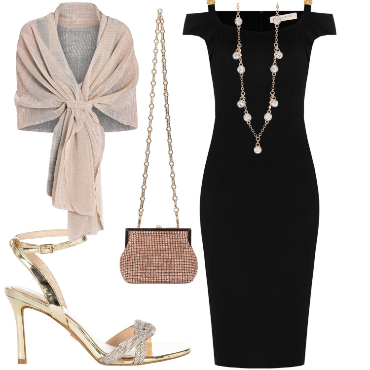 Outfit donna - Il tubino nero. Stile Chic per Serata fuori. Abbinamento con collane, stole, vestiti midi/longuette, sandali col tacco, clutch.