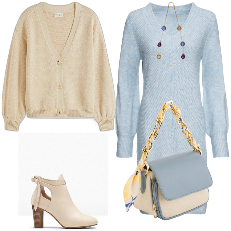 Outfit donna - Crema e azzurro. Stile Casual per Tutti i giorni. Abbinamento con vestiti, stivaletti, cardigans, borse a tracolla, collane.